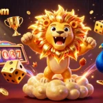 Engage with 789wincom in a vibrant casino scene featuring a majestic lion, golden dice, and dynamic game elements.