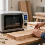 Shashel microwave device being operated for effective woodworm elimination in modern workshop.