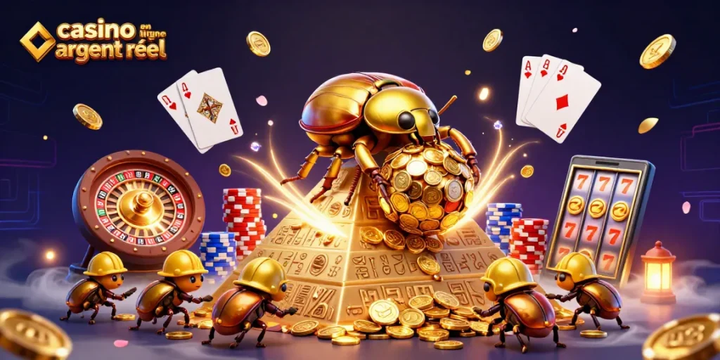Jouez au casino en ligne argent réel avec des personnages 3D ludiques, des pièces d'or et des symboles de jeu.