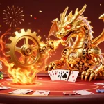 Jouez au poker en ligne avec un dragon mécanique doré et une ambiance festive remplie de jetons et cartes.