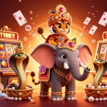 Visualisation d'une scène de casino en ligne sans wager avec un tigre en maharaja sur un éléphant et des machines à sous.