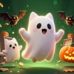 Jouez sur un casino en ligne argent réel avec une illustration animée d'un chat fantôme et un vampire, entourés de jeux de machines à sous et de jetons brillants.
