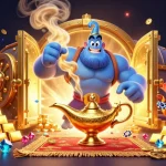 Illustration dynamique de nouveau casino en ligne avec un génie et un tapis magique, entouré de trésors scintillants.