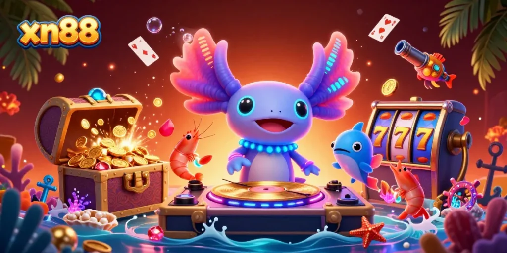 Experience thrilling wins at xn88 with vibrant 3D casino gaming featuring a DJ and lively characters.
