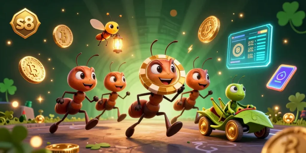 Experience thrilling heists in the S8 casino featuring 3D animated ants with a giant poker chip.