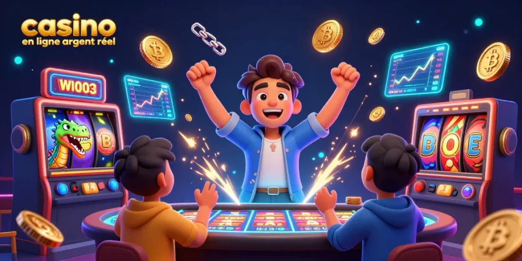 Vivez l'excitation du casino en ligne argent réel avec des personnages animés célébrant un jackpot, entourés d'éléments de jeu dynamiques.