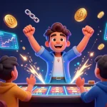 Vivez l'excitation du casino en ligne argent réel avec des personnages animés célébrant un jackpot, entourés d'éléments de jeu dynamiques.