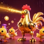 Jouer sur un casino en ligne argent réel avec un robot coq futuriste et des jeux colorés.
