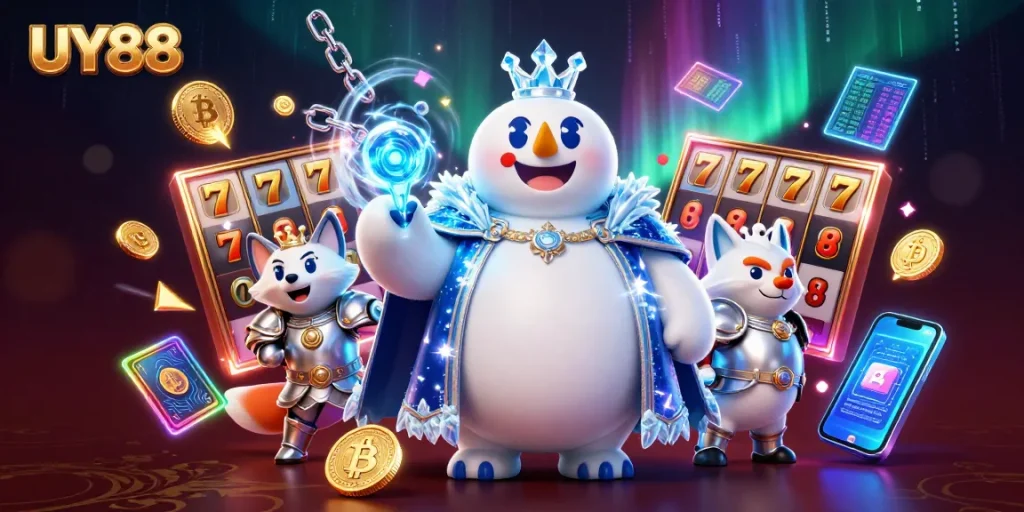 Spin the reels at UY88 with a dynamic 3D illustration showcasing a polar bear and fox amid slot game elements.