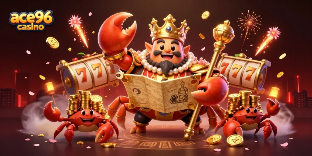 Experience ace96 casino with a golden crab emperor and vibrant gaming elements in a rich 3D scene.
