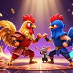 Illustration captivante des combats de coqs, mettant en avant le casino fiable en ligne avec des éléments de jeu dynamiques et colorés.