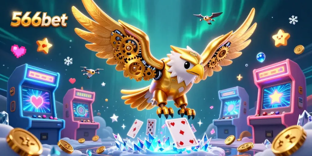 Experience the thrill of 566bet in an immersive 3D casino scene with vibrant game elements.