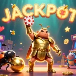 Capturer le moment gagnant au meilleur casino en ligne France avec un scarabée héros levant un jeton de poker, entouré d'éléments colorés de jeu.