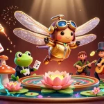 Play Tài Xỉu MD5 with the vibrant scene featuring dragonfly pilots and a frog croupier.