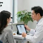 Ophthalmology consultation at a modern eye clinic with doctor and patient discussing eye health.