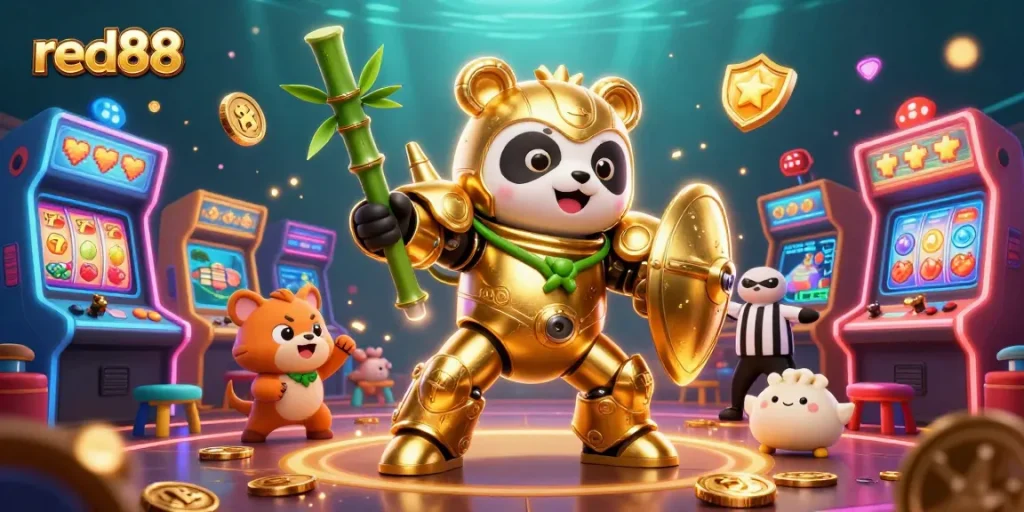 Experience the excitement of red88 casino with a dynamic scene featuring a golden panda mech in action.