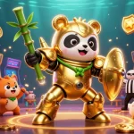 Experience the excitement of red88 casino with a dynamic scene featuring a golden panda mech in action.