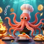 ポーカーオンラインのプレイシーンを描いた、色とりどりのキャラクターが絡み合うイラスト