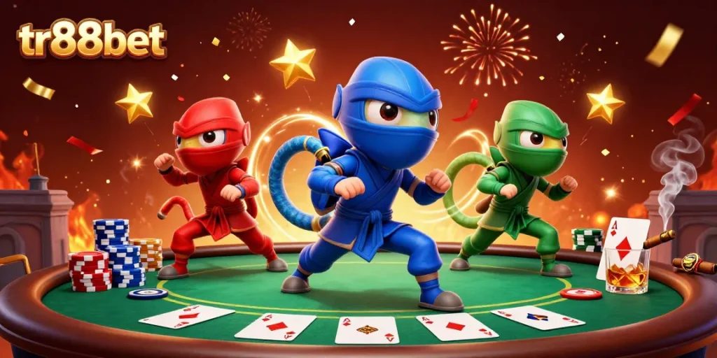 Experience thrilling gameplay at tr88bet with cartoon ninja chameleons in an action-packed casino scene.