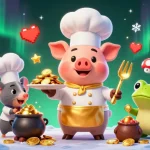 Illustration colorée d'un casino fiable en ligne avec un chef, une souris et une grenouille entourés de machines à sous.