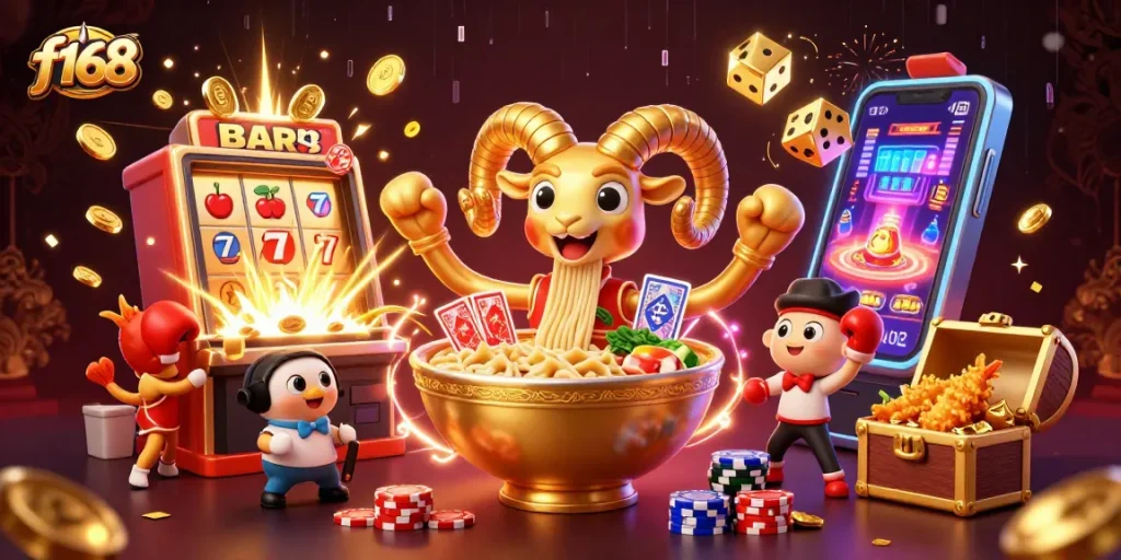 Enjoy thrilling gameplay at f168 with vibrant characters like a ramen bowl dealer amidst dynamic jackpot visuals.