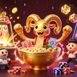 Enjoy thrilling gameplay at f168 with vibrant characters like a ramen bowl dealer amidst dynamic jackpot visuals.
