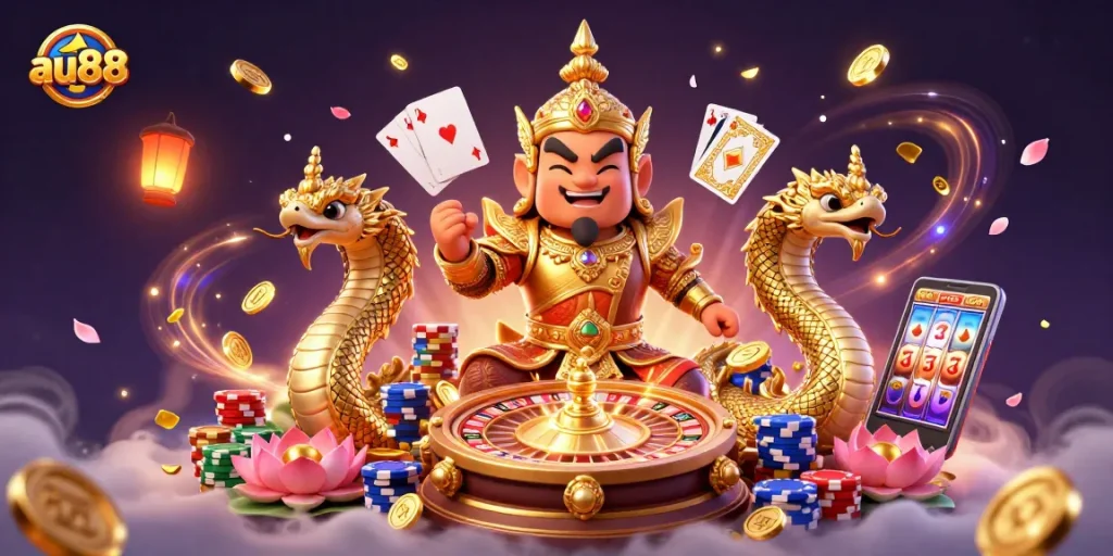 Join the excitement at au88 with a vibrant casino scene featuring golden coins, 3D characters, and lively gameplay elements.