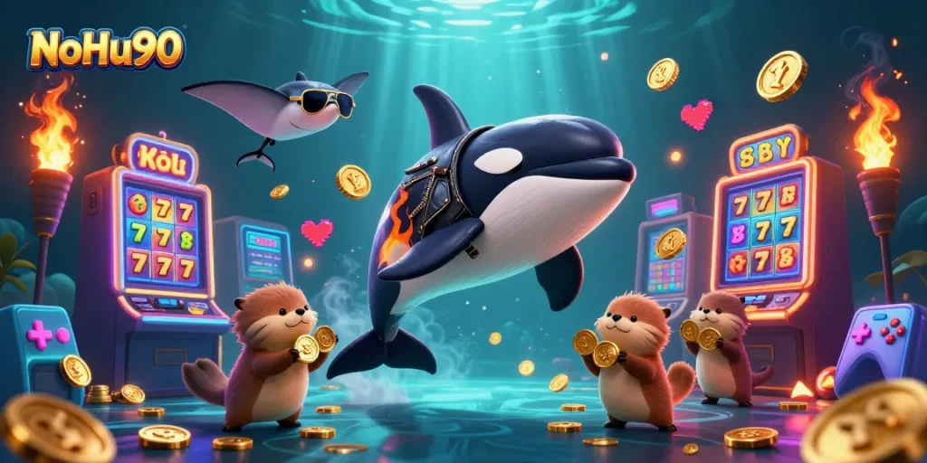 Spin the reels with NoHu90, featuring an orca whale, stingray, and sea otters in a vibrant casino scene.