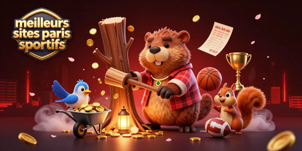 Pariez sur les meilleurs sites de paris sportifs avec une scène captivante de personnages animés, des trophées et des ballons de sport.