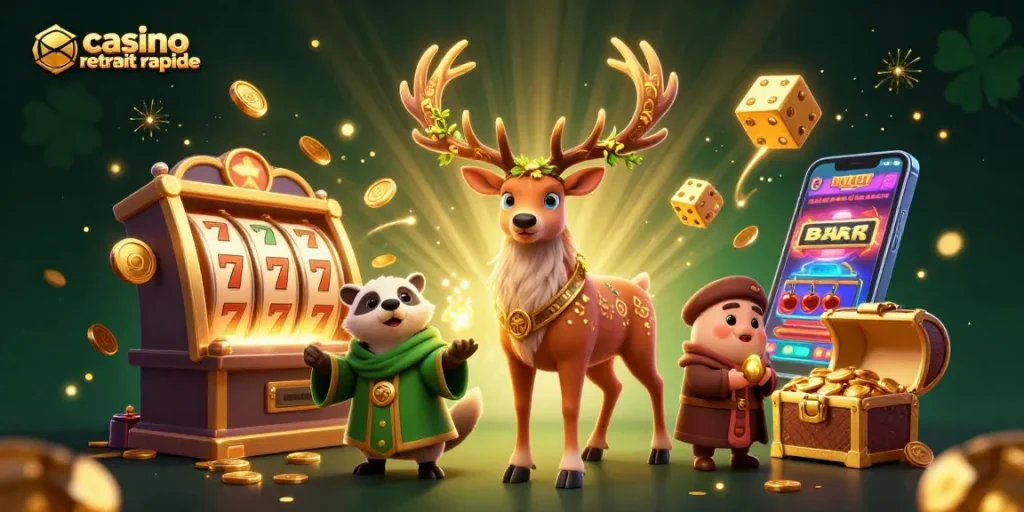 Retirez vos gains rapidement avec casino retrait rapide dans une scène festive de jeux.