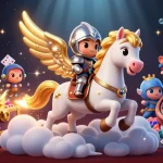 ルーレット オンラインカジノの3Dイラストで、金色の翼を持つ馬が雲の中を駆けるシーン。