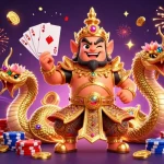 Experience the vibrant NOHU gaming scene with dynamic casino elements like poker chips and royal flush cards.