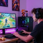 Rokok88 login showcased in a dynamic, immersive gaming setup with vibrant LED lighting.