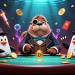 Illustrez le casino crypto en ligne avec un morse, un pingouin et un poisson-globe dans un décor vivant.