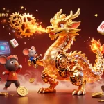 Plongez dans un casino crypto en ligne vibrant avec un dragon doré mécanique et des éléments festifs.