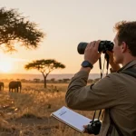 NAGA2000 traveler observing wildlife at Kidepo Valley National Park during sunset.