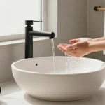 A serene Wudu basin used for ritual cleansing in a modern washroom setting.
