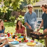 Friends enjoying a barbecue featuring rokok 88 in a sunny backyard gathering.