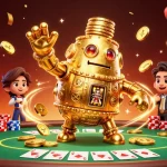 Experience the excitement of fv88 with a golden golem, poker chips, and celebratory confetti.