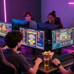 Friends enjoying thrilling slot gacor games together, showcasing excitement in a lively online gaming environment.