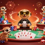 Illustration mettant en scène un casino fiable en ligne avec des suricates travaillant ensemble dans une ambiance festive.