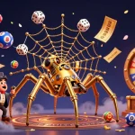 Visualisez les meilleurs sites paris sportifs à travers une illustration 3D dynamique combinant une araignée steampunk et des éléments de loterie.