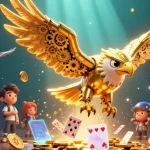 Illustration montrant un aigle cybernétique représentant un casino crypto en ligne, entouré de cartes holographiques et de pièces numériques.