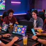 Friends enjoying Playbook88 online slots in an electrifying gaming room.
