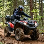 Rugged ATV for sale USA traversing forest trails, showcasing adventure and off-road capability.