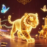 Experience thrilling gameplay at sunwin with a 3D golden tiger amidst dazzling casino treasures and games