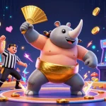 Join the exciting gaming arena at AO88, featuring a dynamic beetle sumo champion amidst vibrant casino elements.