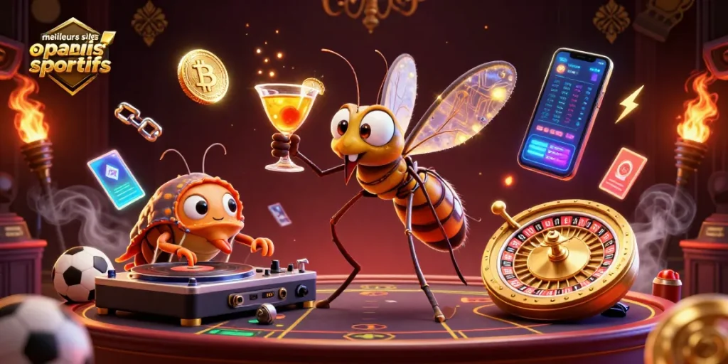 Visualisez les meilleurs sites de paris sportifs avec une illustration de personnages de casino animés et des éléments sportifs dynamiques.