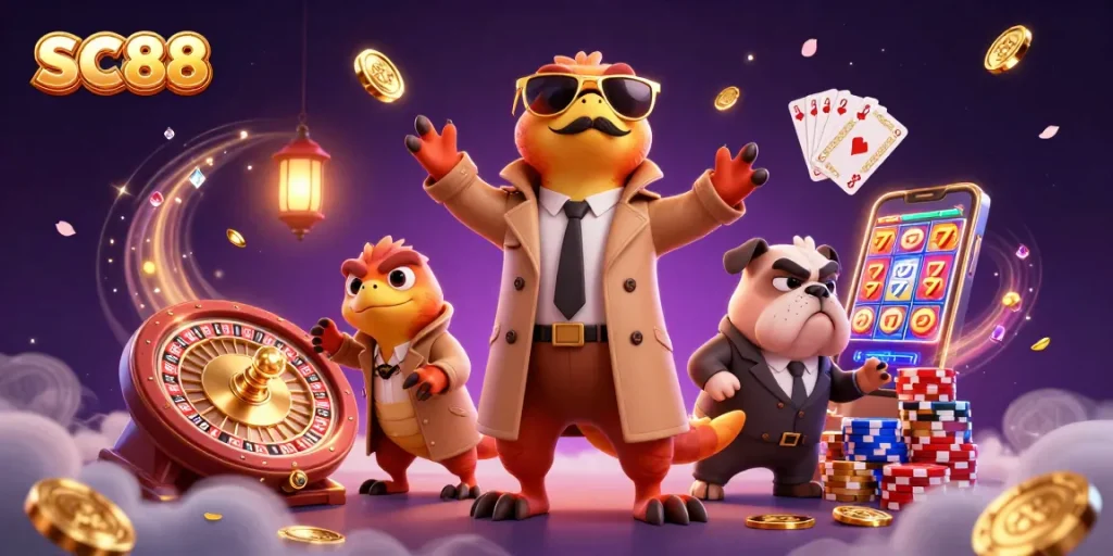 SC88's three raptors in disguise aiming for VIP entry at a vibrant casino scene.