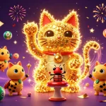 Experience the vibrant charm of EE88 as a lucky cat forms from golden fireflies amidst colorful game elements.